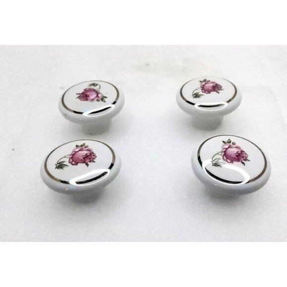 vintage set of 4 porcelain rose design round cabinet hardware door/drawer pulls. - Picture 7 of 9